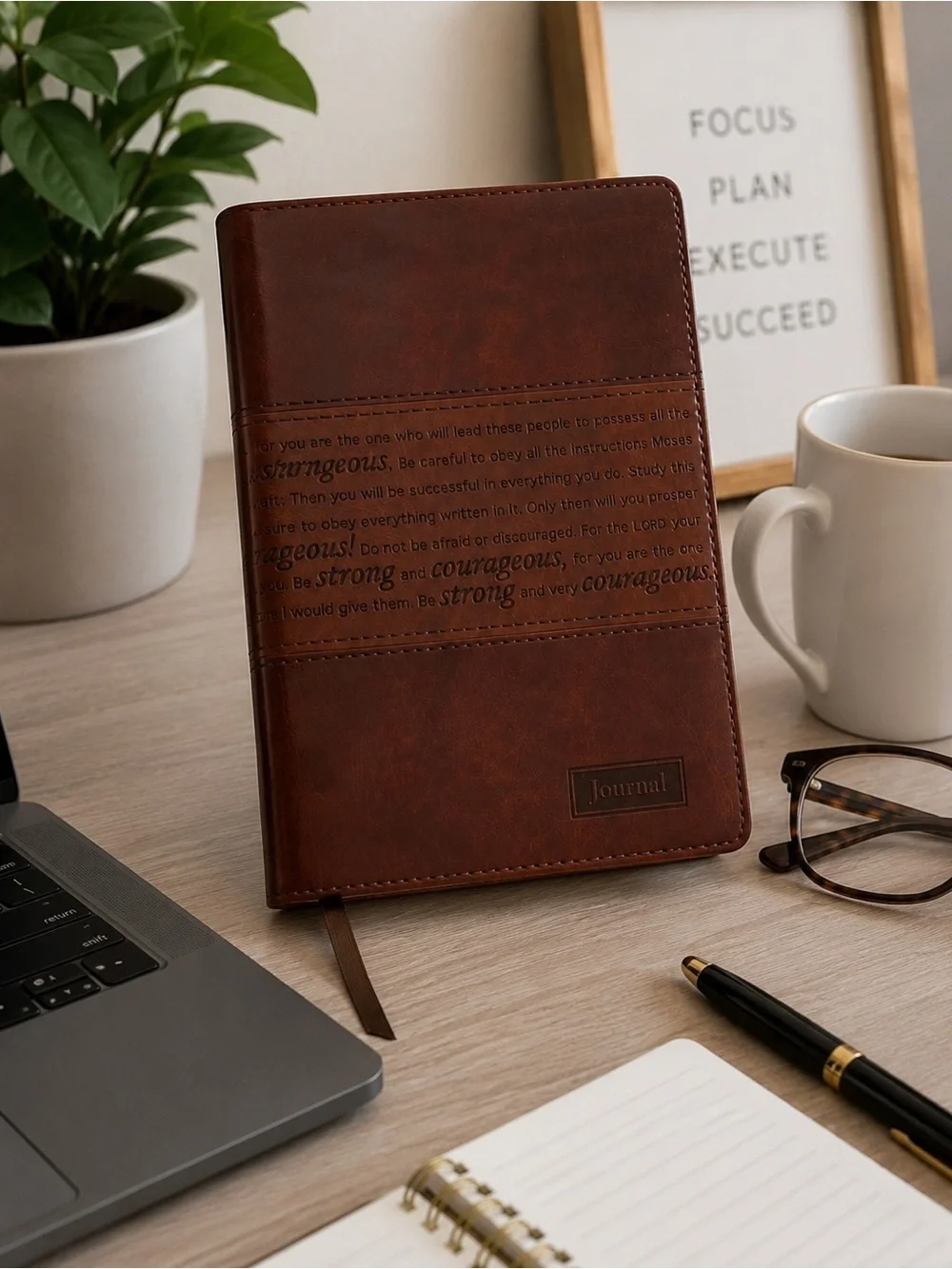 Inspirational Christian Journal Leather Notebook | “Be Strong & Courageous”